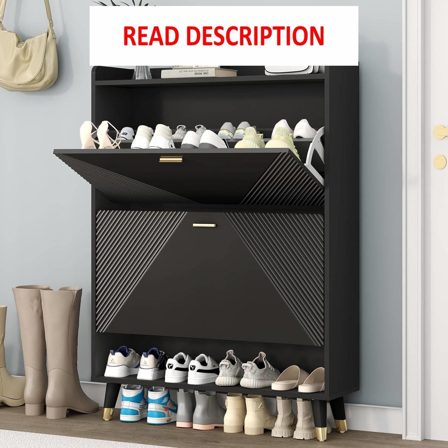 Shoe Storage Cabinet  2 Flip Drawers  Black