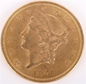 1891 LIBERTY HEAD 90% GOLD COIN $20