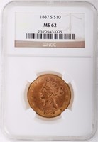 1887 S LIBERTY HEAD 90% GOLD MS62 $10 COIN