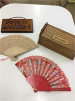 Recipe box, gone to Walmart sign and 2 hand fans