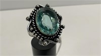 German Silver Aquamarine Quartz Stone Ring Size 8