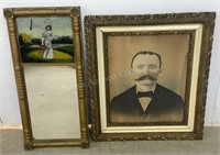 Fancy Old Picture Frame & Reverse Painted Mirror