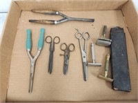 Antique Razors, Razor Strap, Scissors and Curling