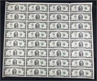 (32) $2 Bill Uncut Sheet in Tube from Bureau