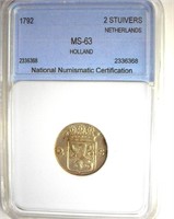 1792 2 Stuivers NNC MS63 Holland Netherlands