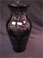 14" black amethyst glass vase with etched scroll