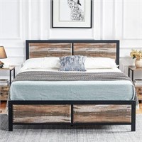 VECELO Full Size BedFrame with Grey Wood Headboard