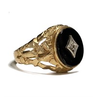 10K YELLOW GOLD NUGGET RING ONYX AND DIAMOND SZ 9