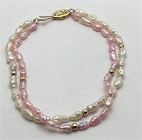 Pink & White Pearl Bracelet W 14k Gold Clasp