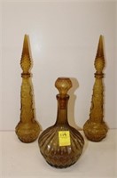 3pc Vintage Italian Glass Amber Decanter 12.5",