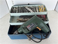 Blue toolbox w/ drill & drill bits