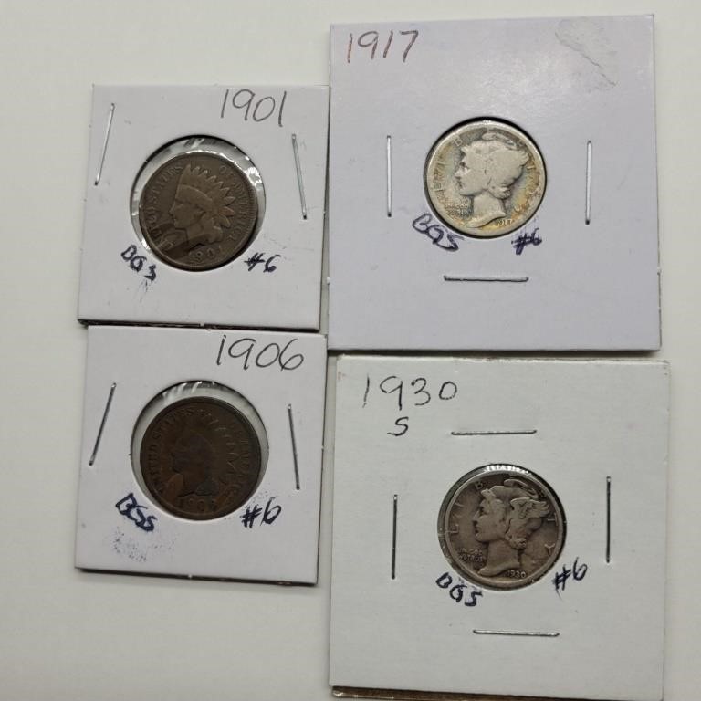 1917 & 1930 S MERCURY DIMES & 1901 & 1906 INDIAN