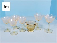 Set of Yellow Bow & Rose Etched Cordial Stemware