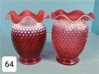 Pair of Fenton Cranberry Hobnail Opalescent Vases