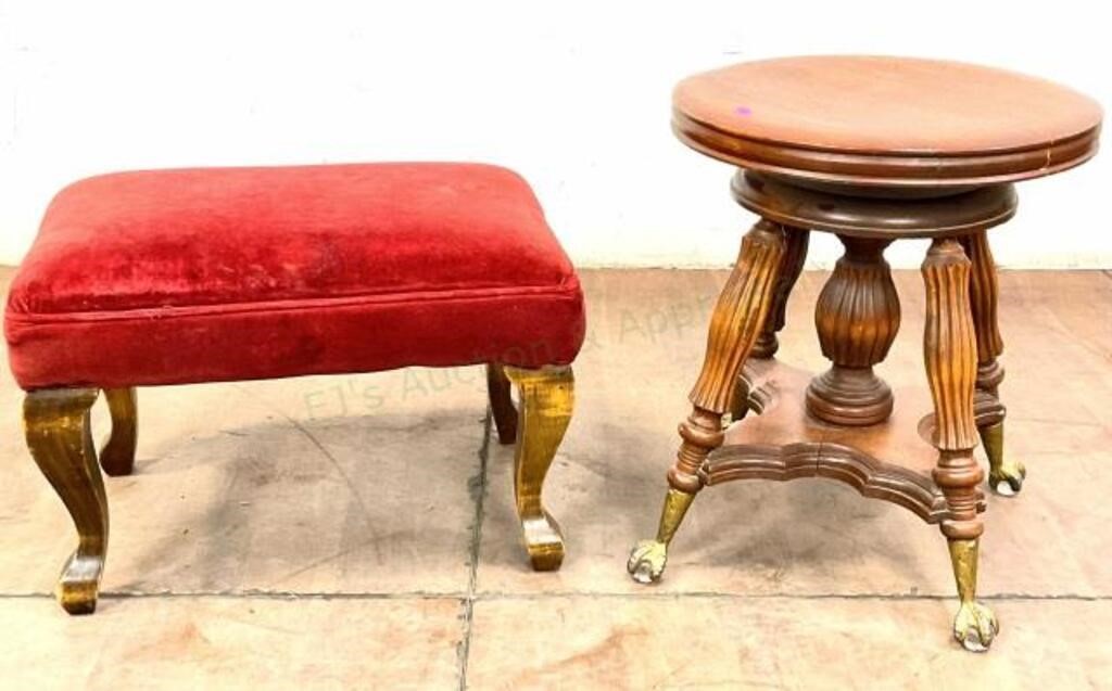 (2) Antique Stools Swivel Glass Ball Claw Feet