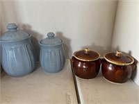 Blue canisters, USA bean pots