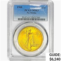 1908 $20 Gold Double Eagle PCGS MS63 No Motto