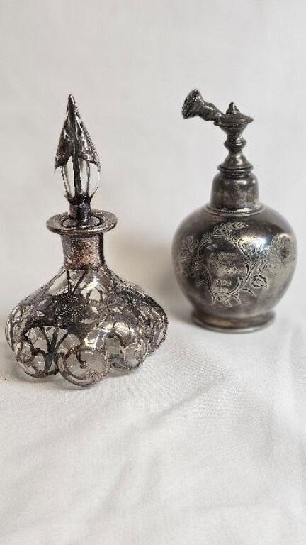 2 PERFUME BOTTLES W STOPPERS & METAL OVERLAY