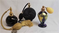 3 COLOURED GLASS PERFUME BOTTLES W ATOMIZERS