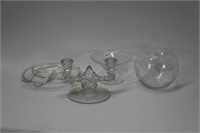 ETCHED GLASS CANDY DISH, VASE, HOBNAIL PICKLE DISH