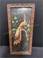 Vintage Peacock Feather Art in Wood Carved Frame
