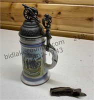 German Beer Stein With Cannon & Lion Top