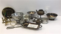 Metalwares, bowls, oil can, candle holders