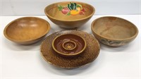(4) wooden bowls plus one pottery olive plate /