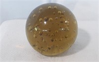 Hand-Blown Honey-Color Bubble Glass Paperweight