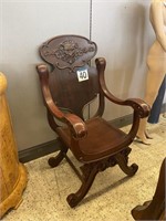 VICTORIAN THROWN HALL CHAIR W/CARVED FACES -