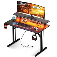 MOTPK Small Gaming Desk with LED Lights & Power Ou