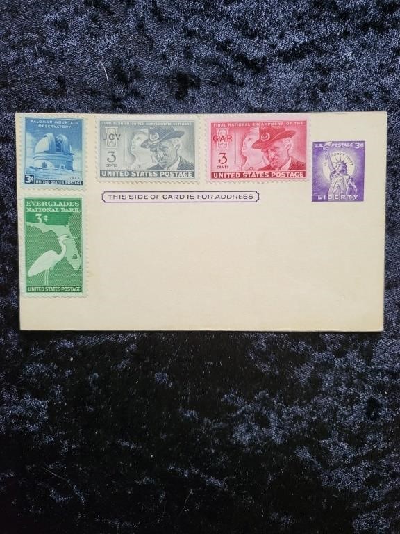 U.S. 3 Cent Stamps on a 3 Cent Stamped Postcard.