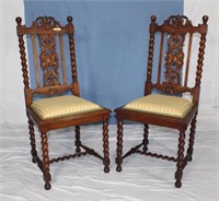 Barley Twist Oak Side Chairs W/Carved Backs And