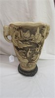 CARVED ORIENTAL VASE WITH ELEPHANT HANDLES 12.5"T