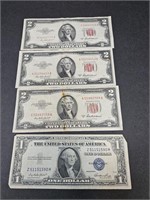 3 - 1953 A $2 &1935 E $1 SILVER CERTIFICATE