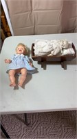 Baby Doll, Doll Cradle, and Porcelain Baby