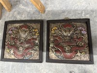 2 Vintage Chinese Enameled Metal Dragon Plaques