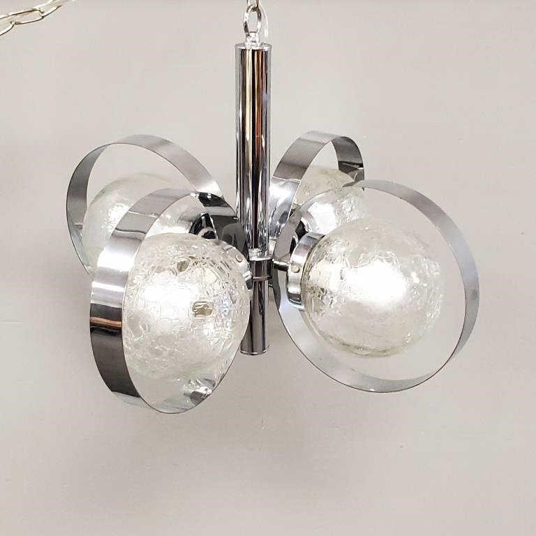 Mid-century 4 light chrome chandelier with crackle