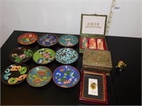 DRAGON COVERED BOX, 11 ENAMELED DISHES, ORIENTAL