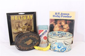 Vintage Tins- Baskets, Tray, Sign+