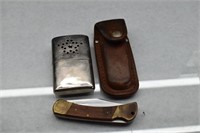 Lock Blade Knife in Leather Case Metal Hand Warmer