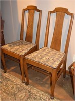 Pair Antique Oak Panel Back Dining Chairs 40t