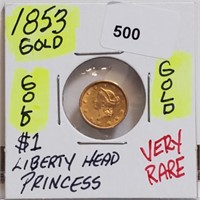 Very Rare 1853 Liberty Head Princess $1 Gold Coin
