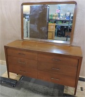 MID CENTURY PEPPLERS OAK 6 DRAWER DRESSER W/MIRROR