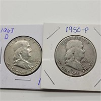 1950 D & 1963 D FRANKLIN SILVER HALF DOLLARS