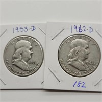 1953 D & 1962 D FRANKLIN SILVER HALF DOLLARS