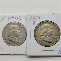 1954 D & 1959 D FRANKLIN SILVER HALF DOLLARS