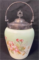 LOVELY ANTIQUE HAND PAINTED BISCUIT JAR W LID