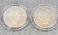 2 Barber Half Dollars, 1907-s, 1909 in hard cases