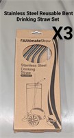 NEW Lot of 3 St. Steel Bent Reusable Straw Set